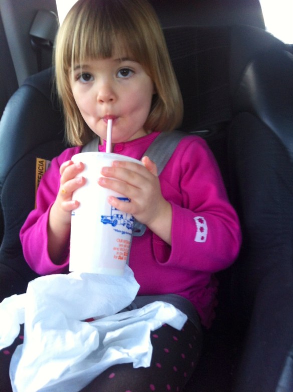 Pro tip: if the milkshake is too heavy for the child to hold while drinking, don't lessen the amount of milkshake, prop it up on something...