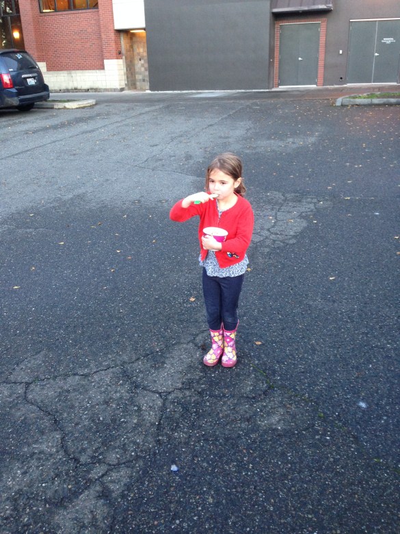 Eatin' fro yo in the parking lot - apres' swim. Queen Anne, Seattle November 2014.
